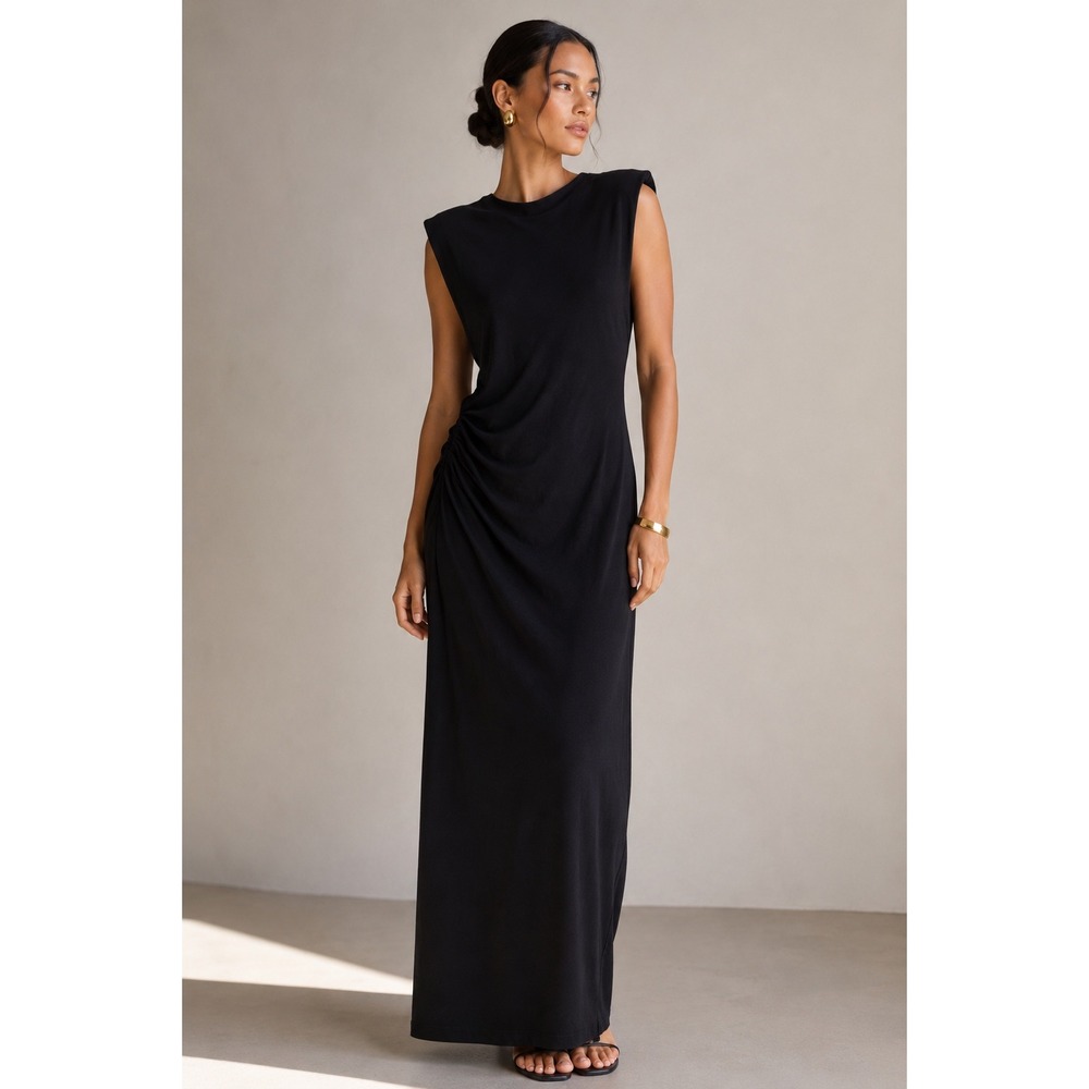 Zara Maxi Dress Womens XL Black Ruched Shoulder Pads Column Minimalist Chic LBD